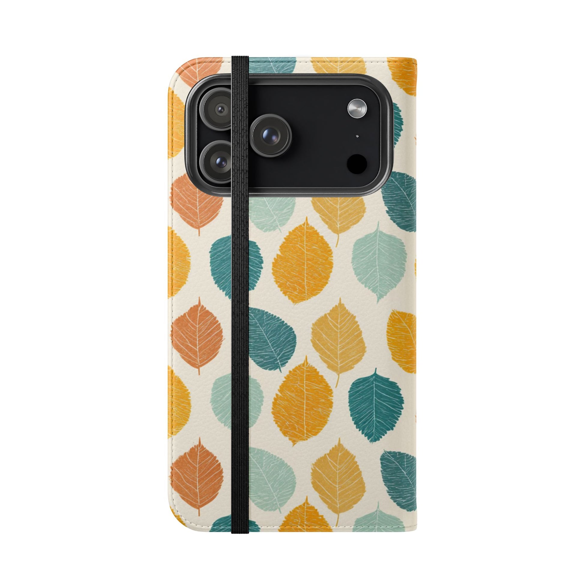 Teal and Mustard Leaf Pattern Wallet Phone Case - Cruelty-Free Vegan Leather Flip Cover with Card Pockets and D-Ring Attachment
