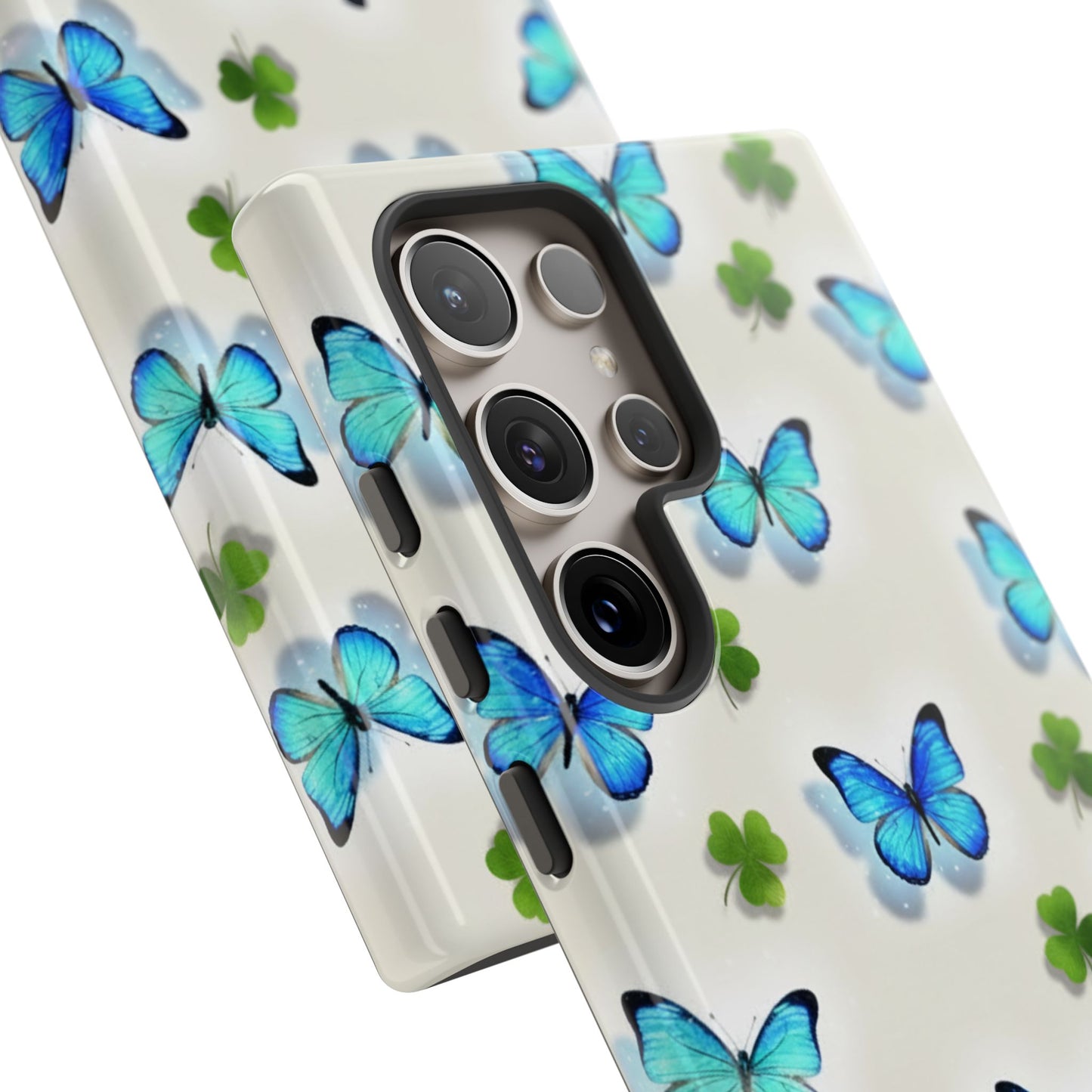 Funda protectora resistente con diseño de mariposas y trébol de la suerte para iPhone, Samsung Galaxy y Google Pixel: diseño de mariposas azules