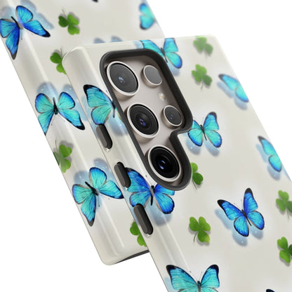 Funda protectora resistente con diseño de mariposas y trébol de la suerte para iPhone, Samsung Galaxy y Google Pixel: diseño de mariposas azules