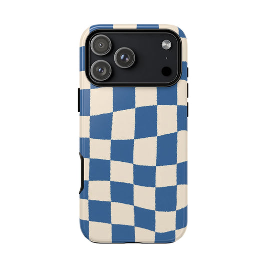 Blaue Schachbrett-Handyhülle – Retro-Wellenmuster-Cover für iPhone, Samsung Galaxy & Google Pixel