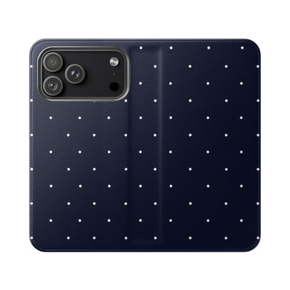 Dark navy blue polka dot flip phone case with small white dots, wallet cover and card slots for iPhone and Samsung Galaxy

