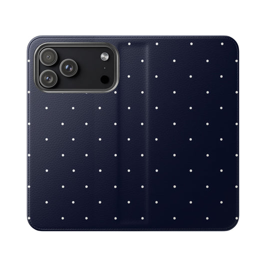 Dark navy blue polka dot flip phone case with small white dots, wallet cover and card slots for iPhone and Samsung Galaxy
