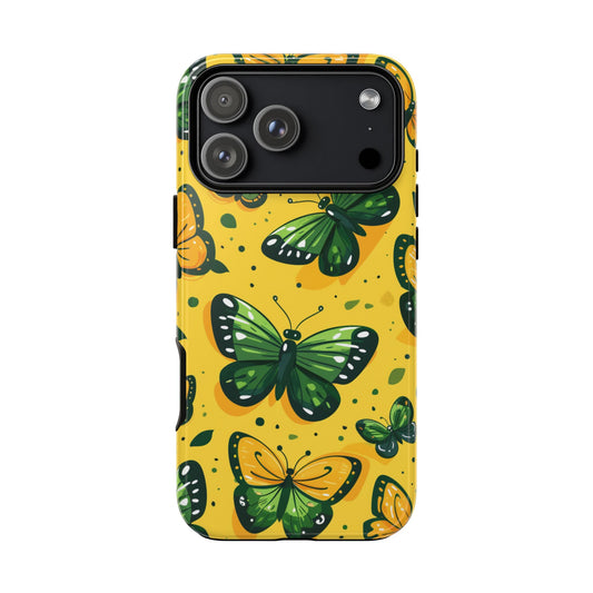 Green Butterflies Tough Phone Case - Yellow Cartoon Design Protective Cover for iPhone, Samsung Galaxy & Google Pixel