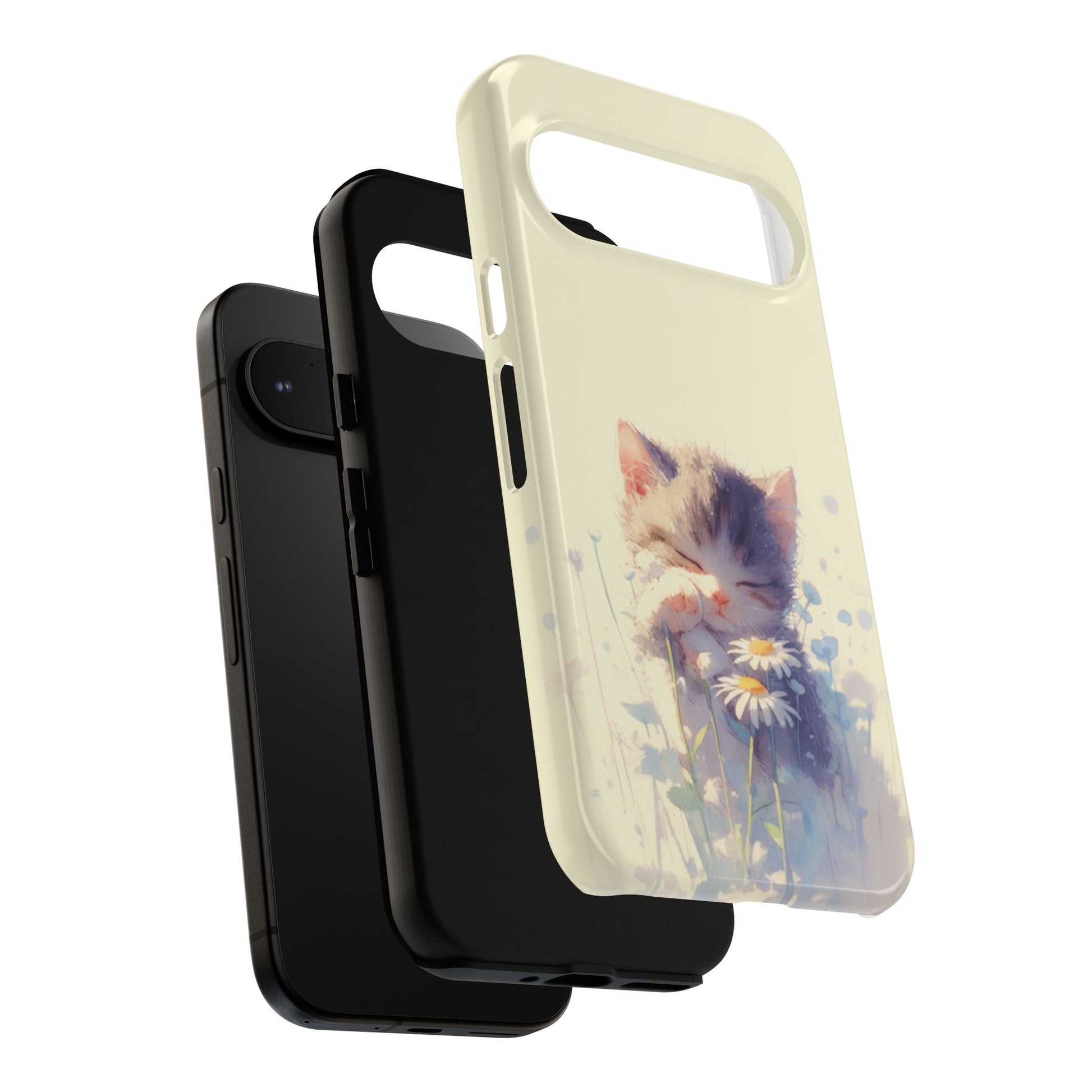 Pastel watercolor kitten phone case featuring white flowers - UV-resistant protective cover for Google Pixel
