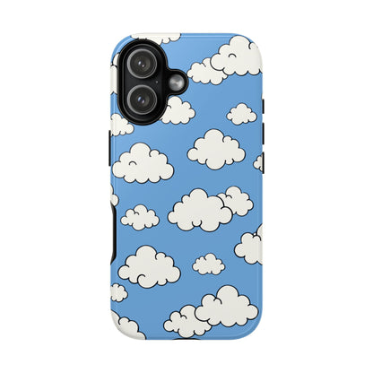 Cheerful powder blue sky phone case featuring hand-drawn white clouds with dual layer protection
