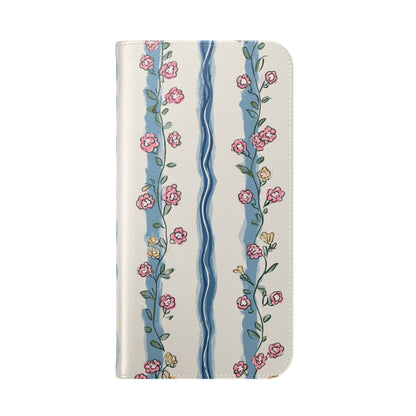 Hand-Painted Wavy Stripe Flip Phone Case - Premium Vintage Rose Wallet Folio with Stand Function for iPhone 17, 16, 15, 14, Samsung Galaxy S25, S24, S23
