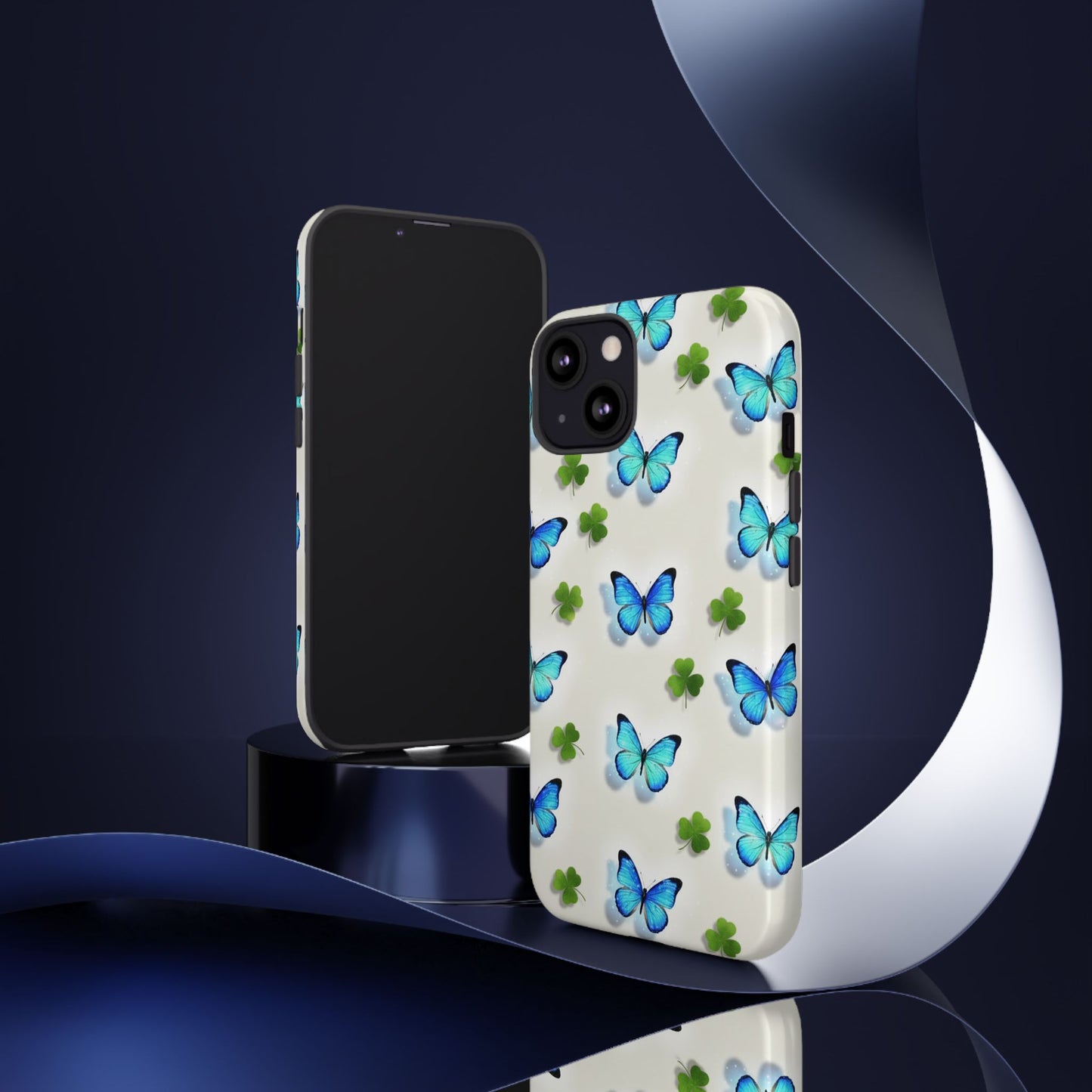 Funda protectora resistente con diseño de mariposas y trébol de la suerte para iPhone, Samsung Galaxy y Google Pixel: diseño de mariposas azules
