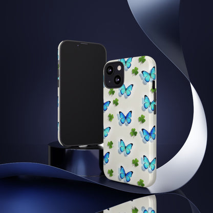 Funda protectora resistente con diseño de mariposas y trébol de la suerte para iPhone, Samsung Galaxy y Google Pixel: diseño de mariposas azules
