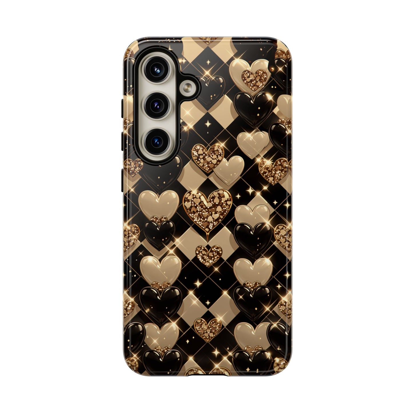 Luxury heart phone case with metallic accents - Slim profile dual-layer case for iPhone 17-8, Samsung Galaxy S25-S23, Google Pixel
