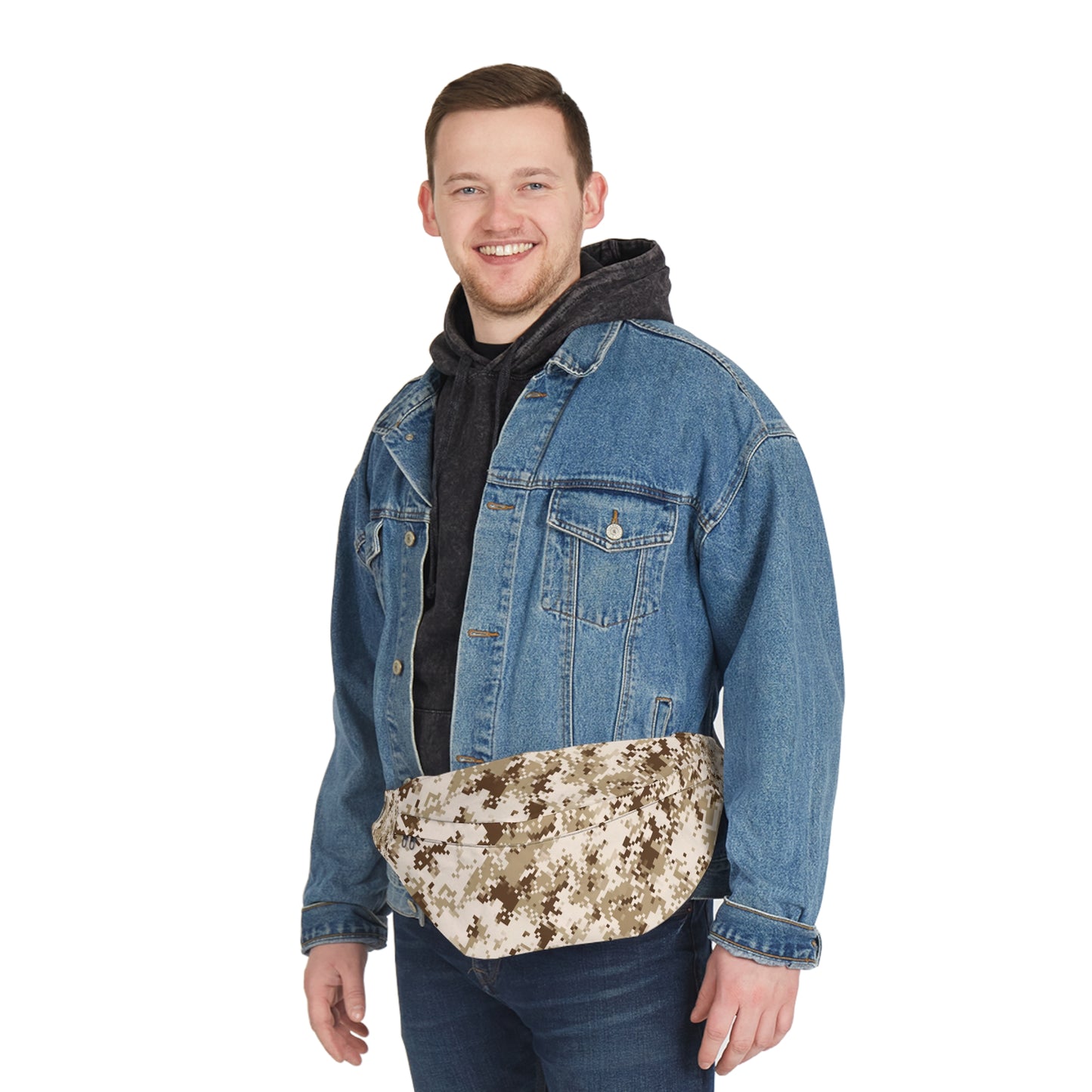 Man with large desert camo hip bag on trail – adjustable belt fanny pack for hiking
