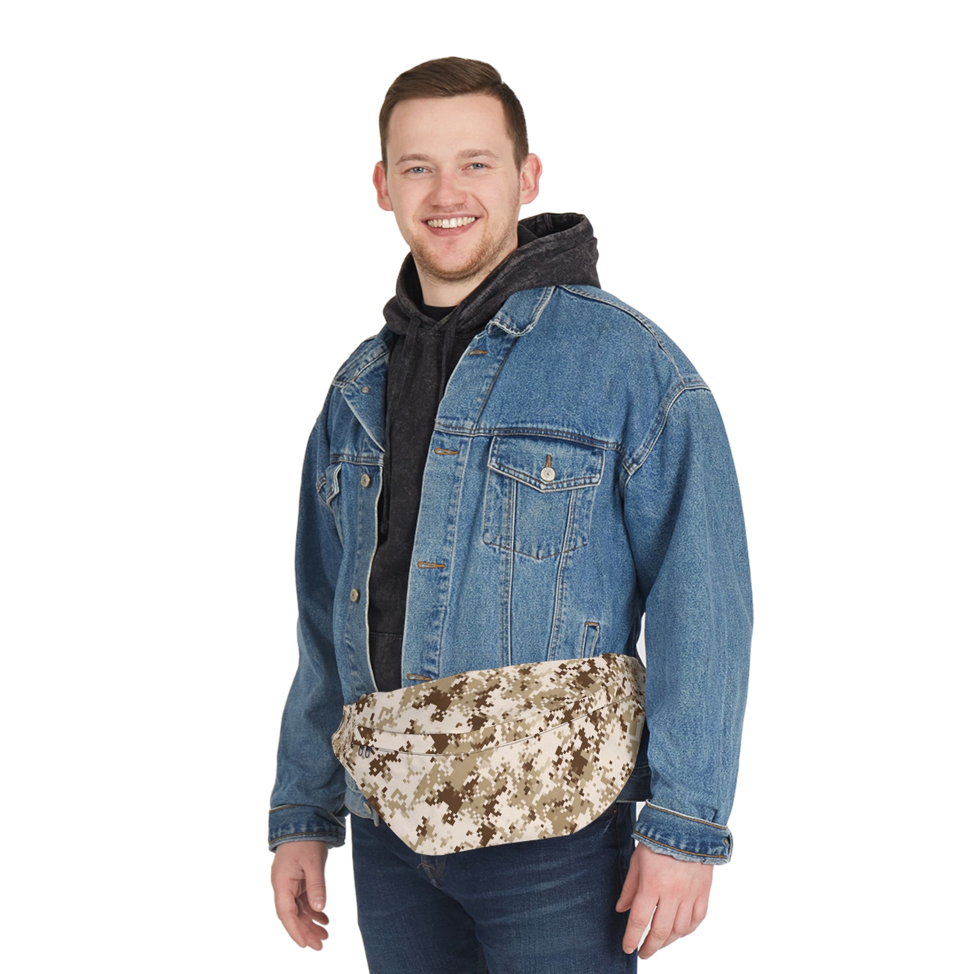 Man with large desert camo hip bag on trail – adjustable belt fanny pack for hiking
