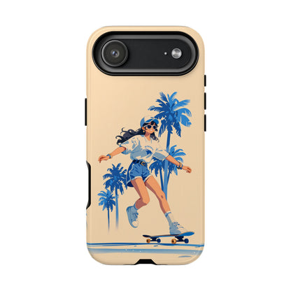 Skater girl phone case with retro skateboard and palm tree design - Premium dual-layer protection for iPhone, Samsung Galaxy & Google Pixel
