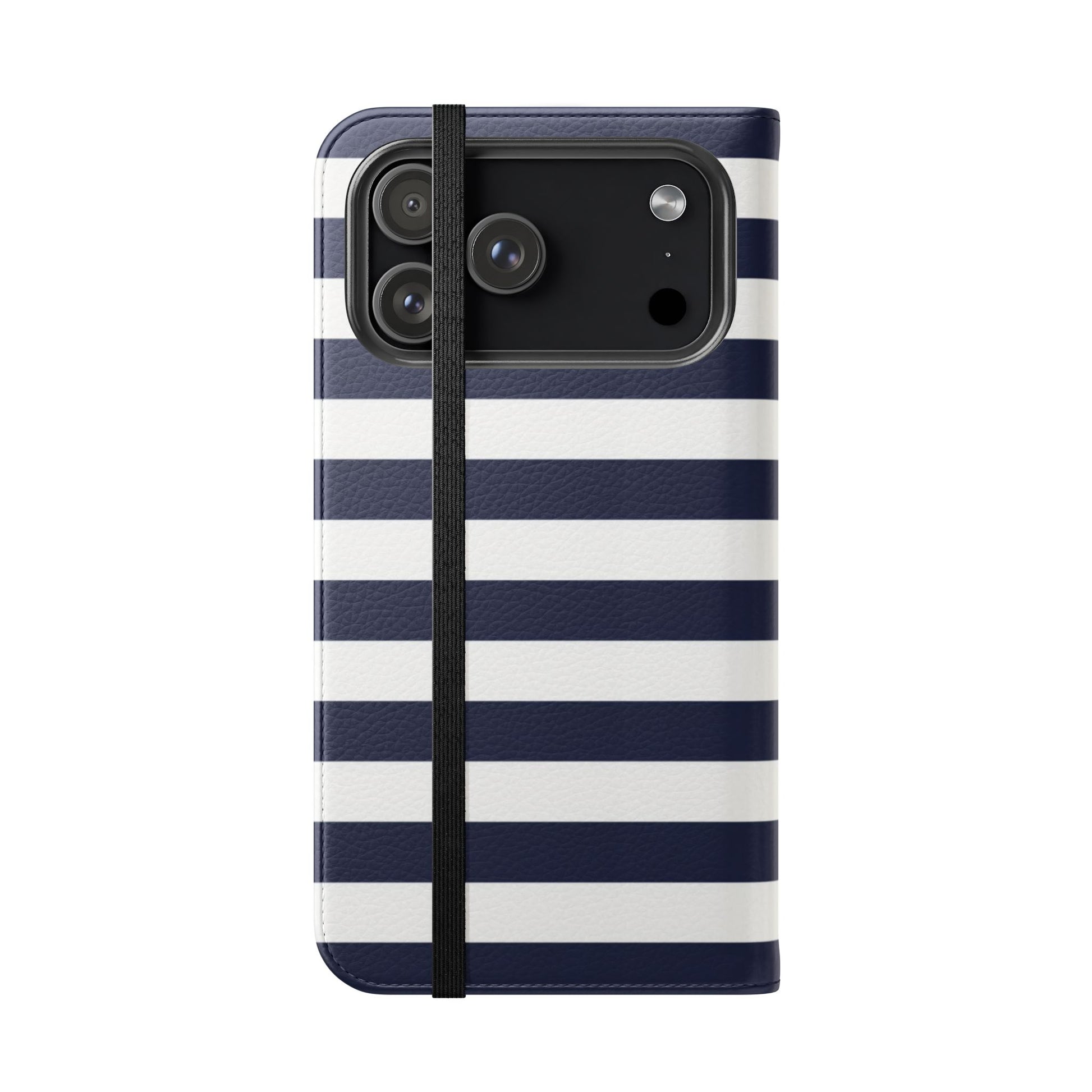 Classic navy white stripe flip case with D-ring attachment for wrist strap and hands-free convenience
