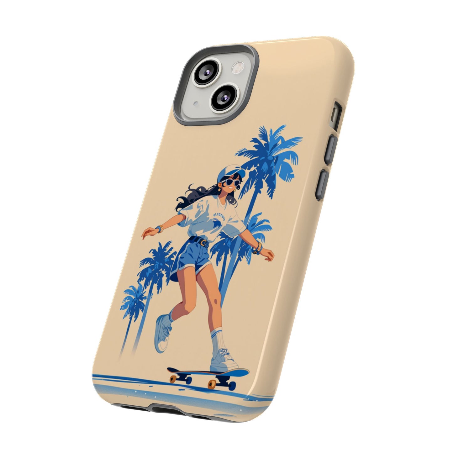 Retro summer phone case - Girl skateboarding under palm trees with dual-layer protection for iPhone and Samsung Galaxy
