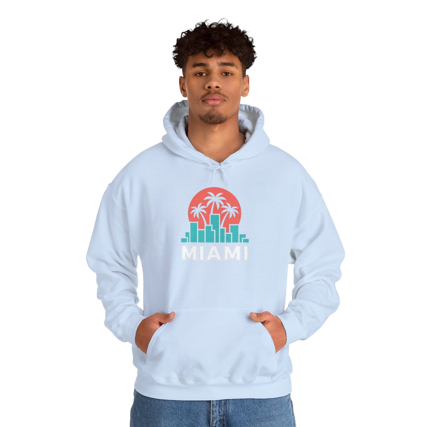 Miami Sunset Hoodie – Palm Tree & City Skyline Graphic Pullover