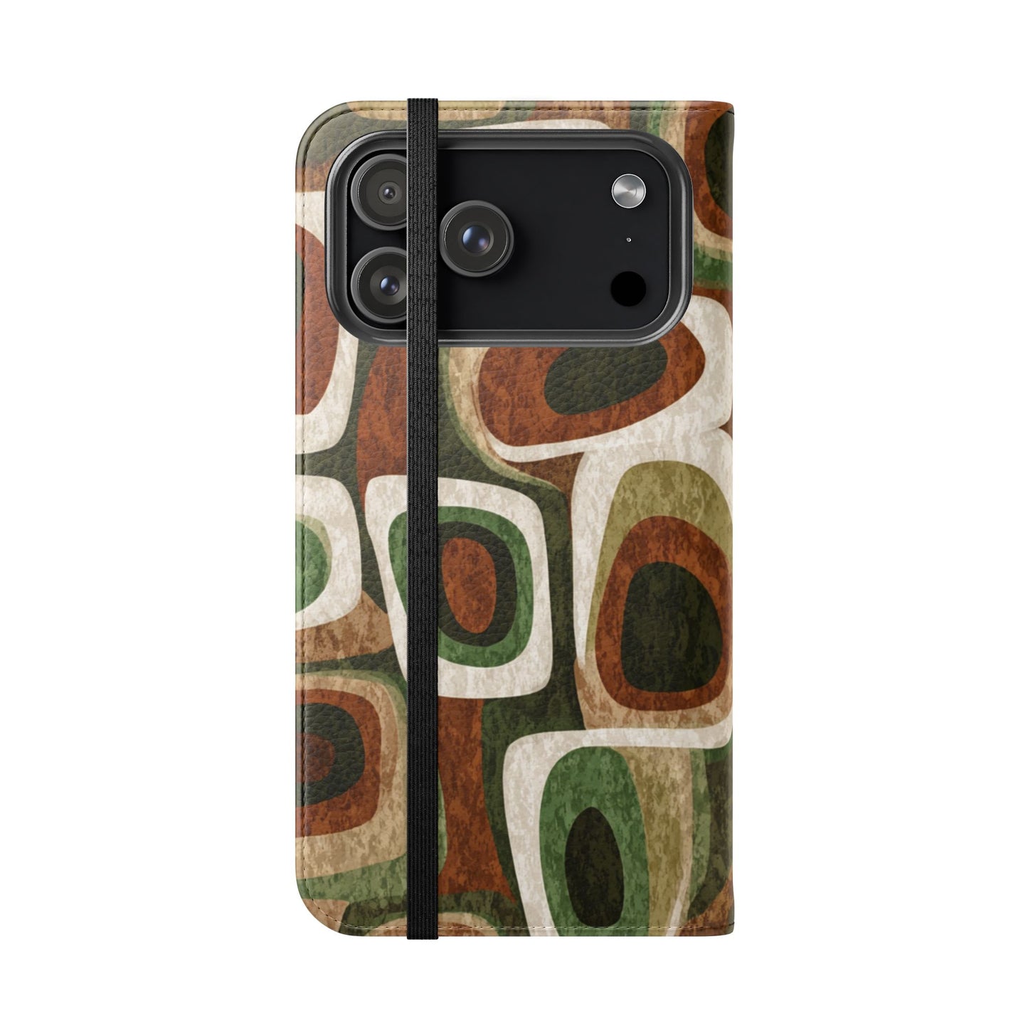 Mid-century modern flip case with retro earth-tone pattern, faux leather cover and built-in kickstand for all phone models