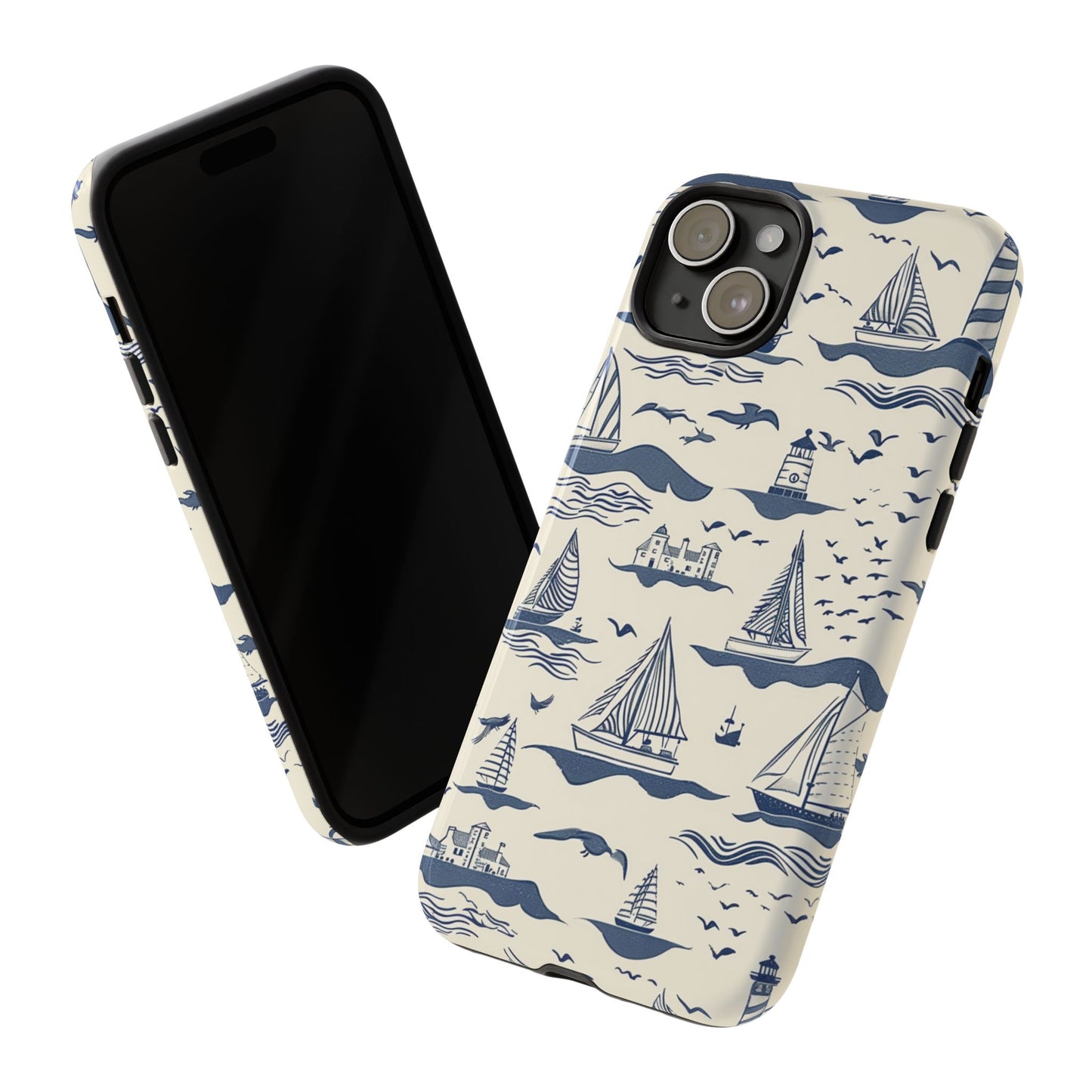 Navy and cream nautical phone case - Hand-drawn coastal design with seagulls and waves for beach lovers
