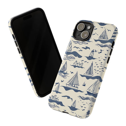 Navy and cream nautical phone case - Hand-drawn coastal design with seagulls and waves for beach lovers
