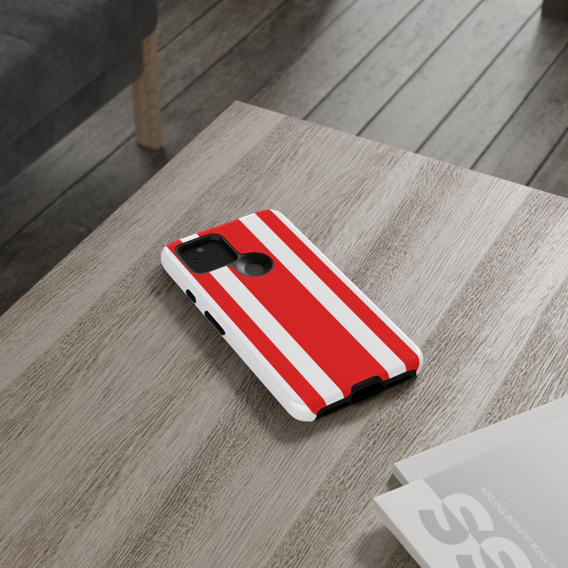 Classic red and white racing stripes phone case with dual-layer protection and wireless charging
