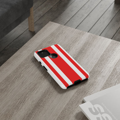 Classic red and white racing stripes phone case with dual-layer protection and wireless charging
