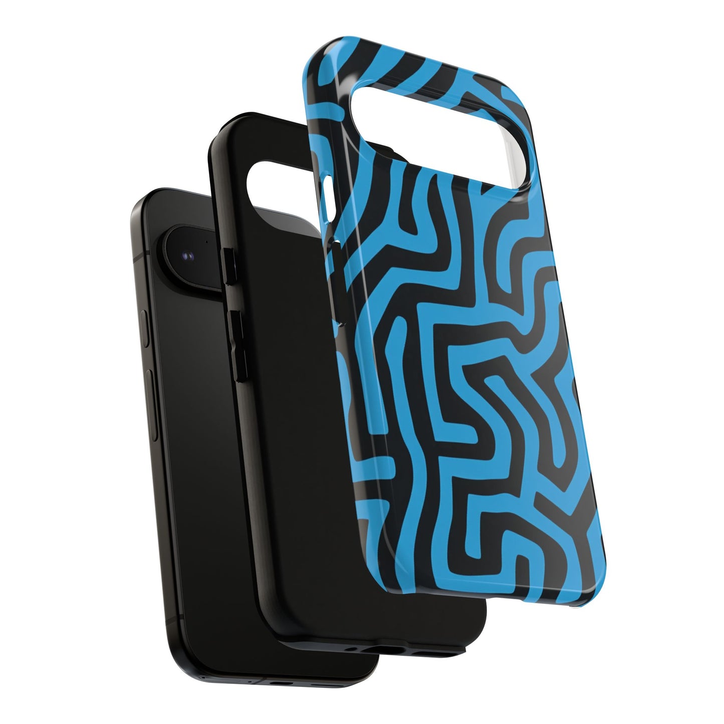 Blue and black geometric pattern phone cover for iPhone Samsung Pixel
