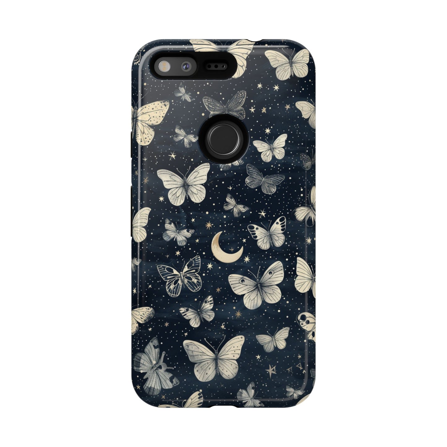 Funda protectora resistente con diseño de mariposa y luna - Diseño floral de cielo nocturno para iPhone, Samsung Galaxy y Google Pixel