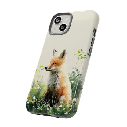 Watercolor fox phone case on iPhone showing full wrap-around design
