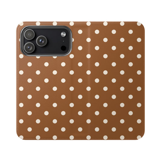 Polka dot brown flip phone case with vintage caramel faux leather wallet cover and card slots for iPhone Samsung Galaxy
