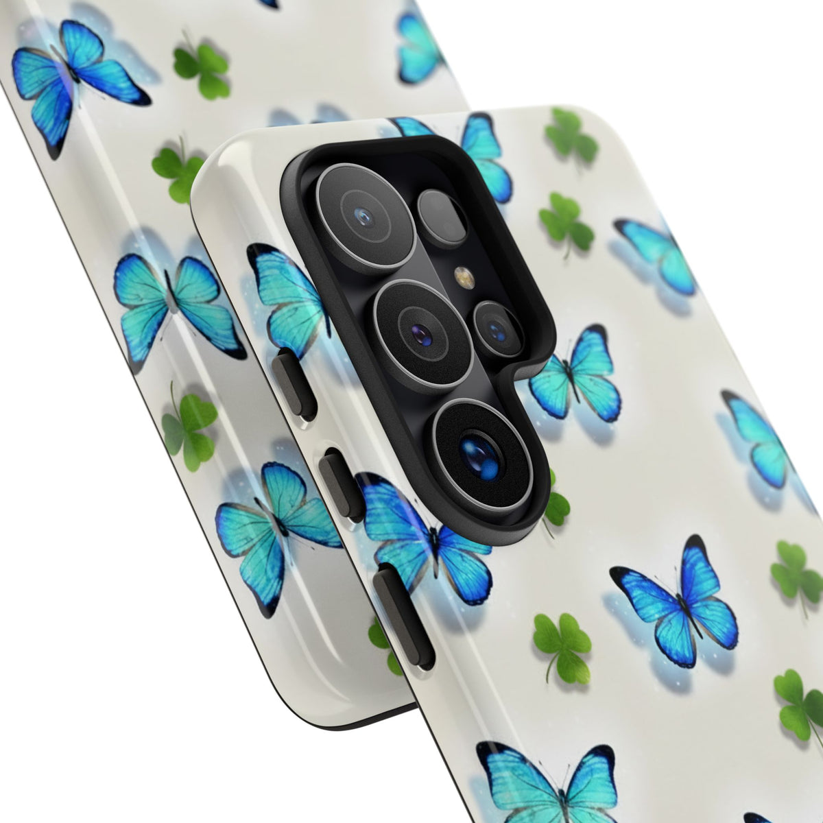 Schutzhülle für iPhone, Samsung Galaxy & Google Pixel mit Schmetterlings- & Glücksklee-Motiv — Robuste Schutzhülle mit blauem Schmetterlingsmuster