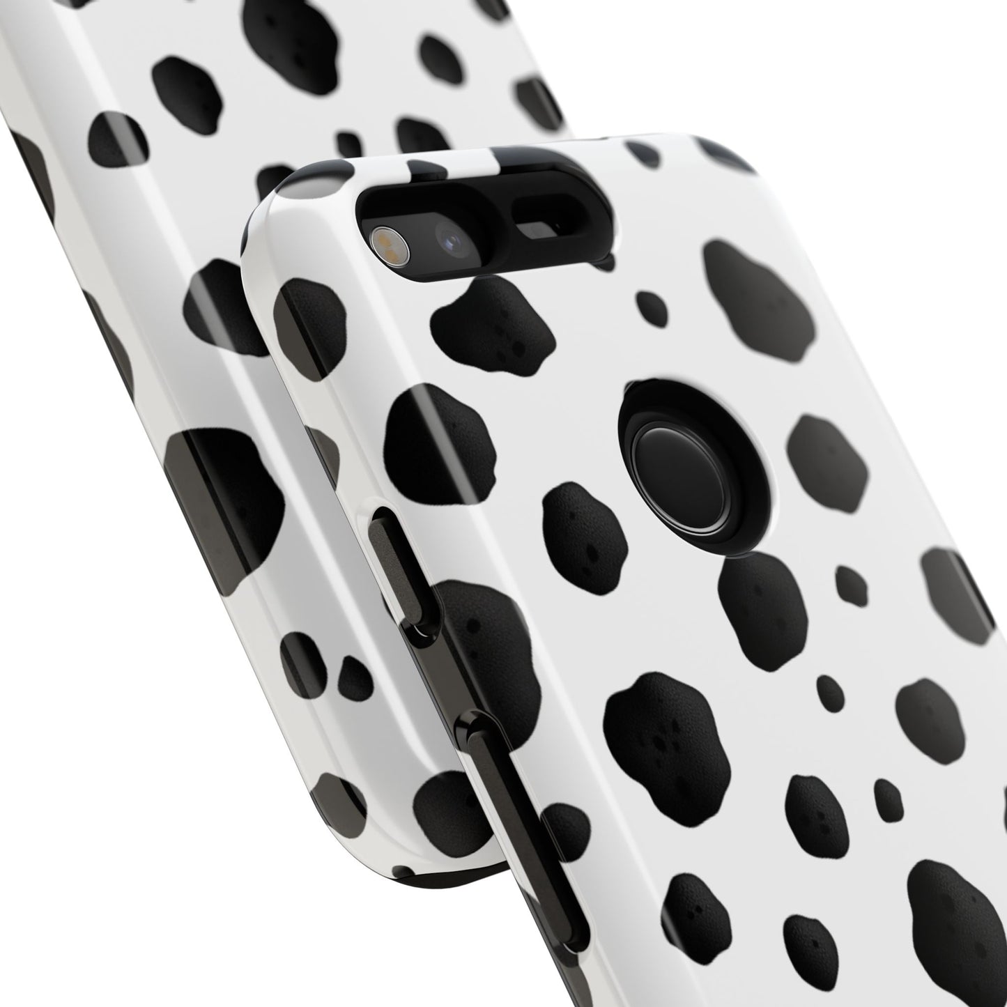 Classic black white dalmatian pattern phone case with polycarbonate shell and TPU liner protection

