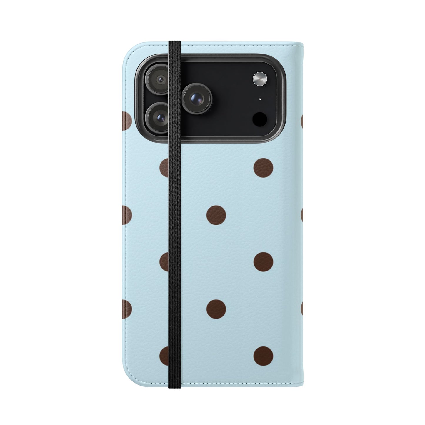 Retro light blue polka dot flip case with chocolate brown dots, built-in kickstand and card holder slots for all phones