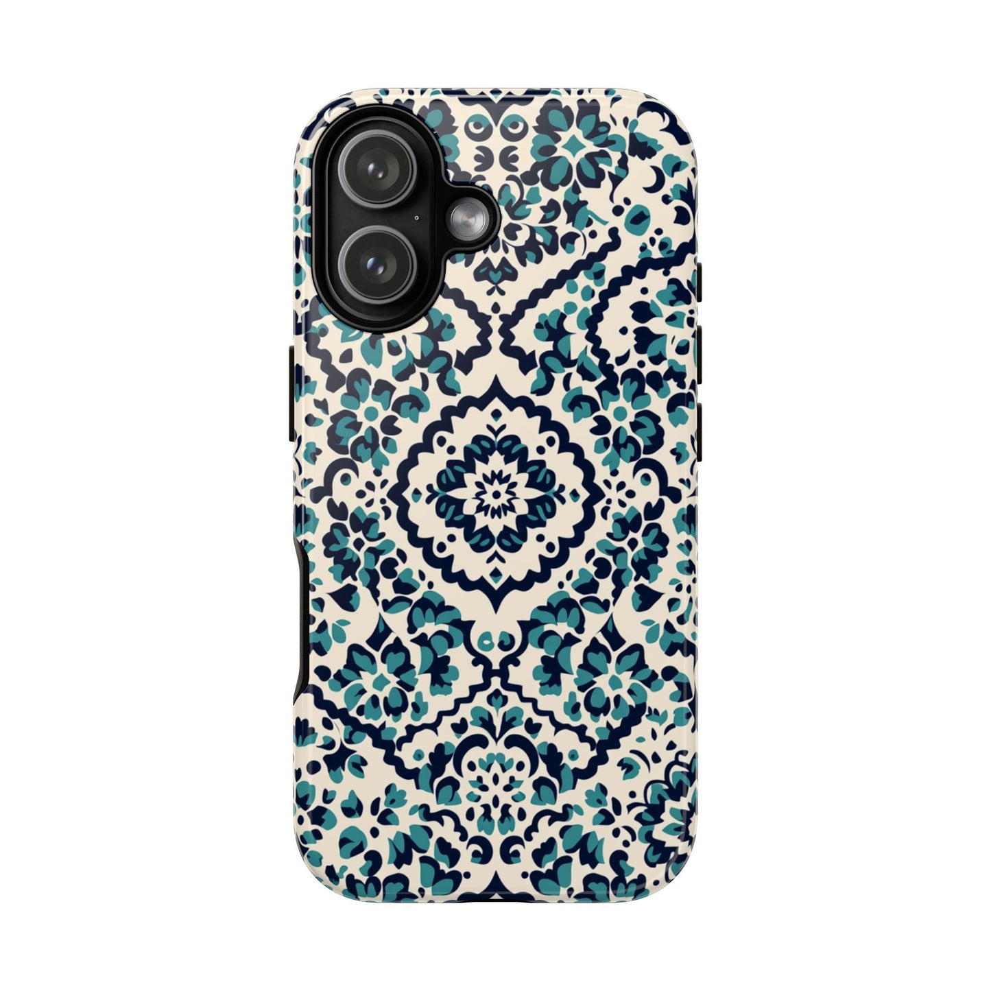 Floral Damask Tough Phone Case - Dual-Layer Protection with Teal Navy Floral Design - Side Angle
