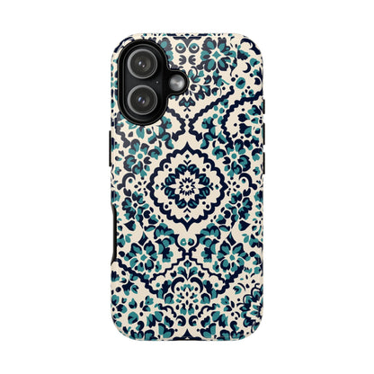 Floral Damask Tough Phone Case - Dual-Layer Protection with Teal Navy Floral Design - Side Angle
