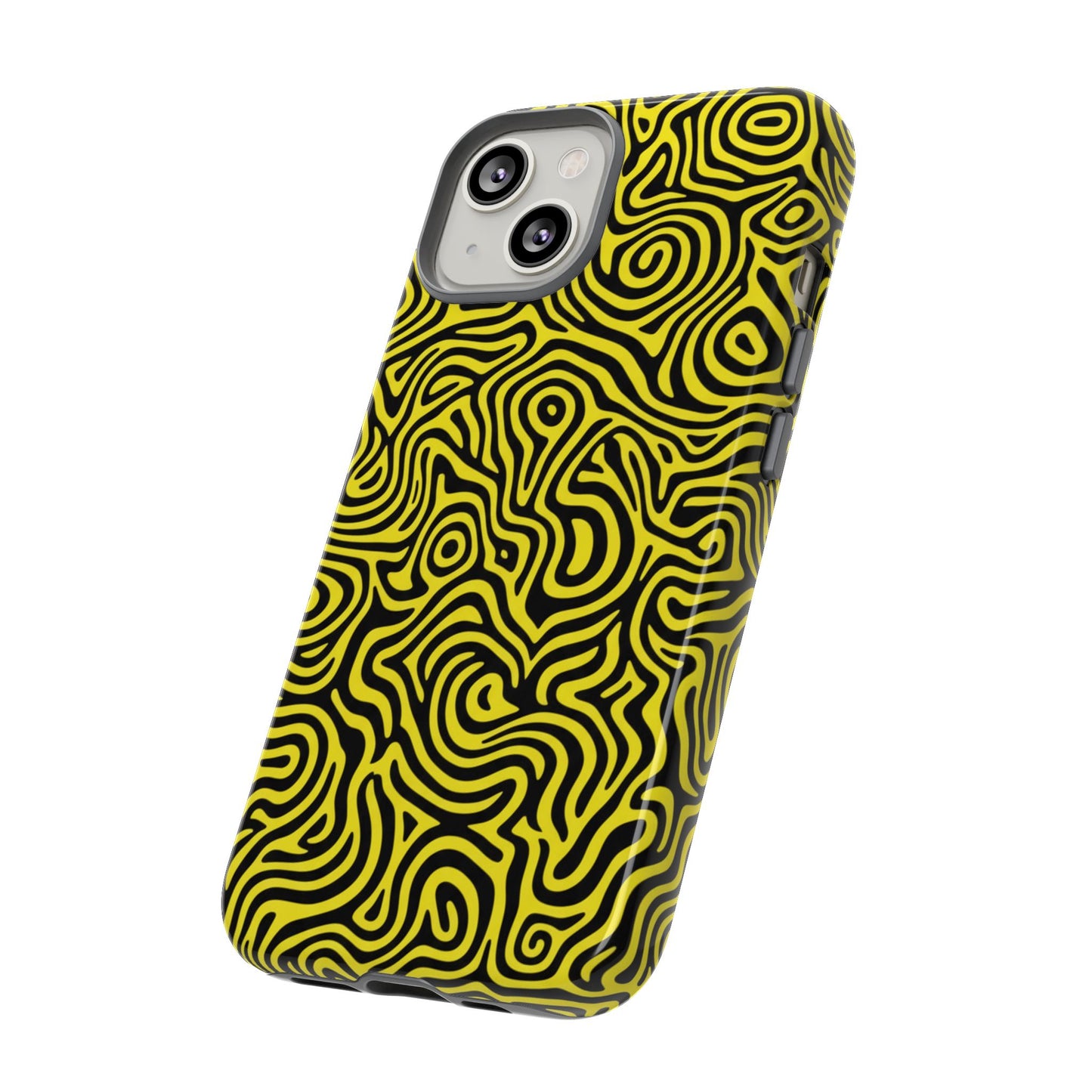 Vibrant yellow black maze phone case with full-coverage graphic design and drop protection
