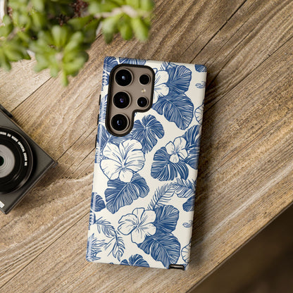 Botanical watercolor phone case featuring soft blue hibiscus flowers on warm white background

