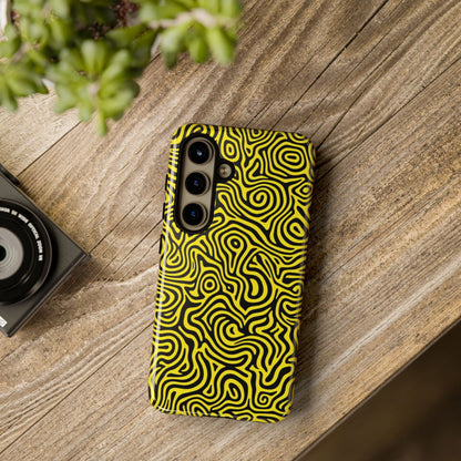 Modern psychedelic phone case featuring bold yellow black abstract waves with 3D wrap print
