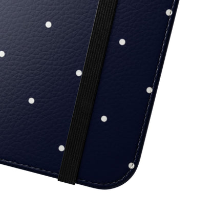 Vintage navy blue polka dot flip phone case with small white dots, card slots and cruelty-free vegan leather exterior
