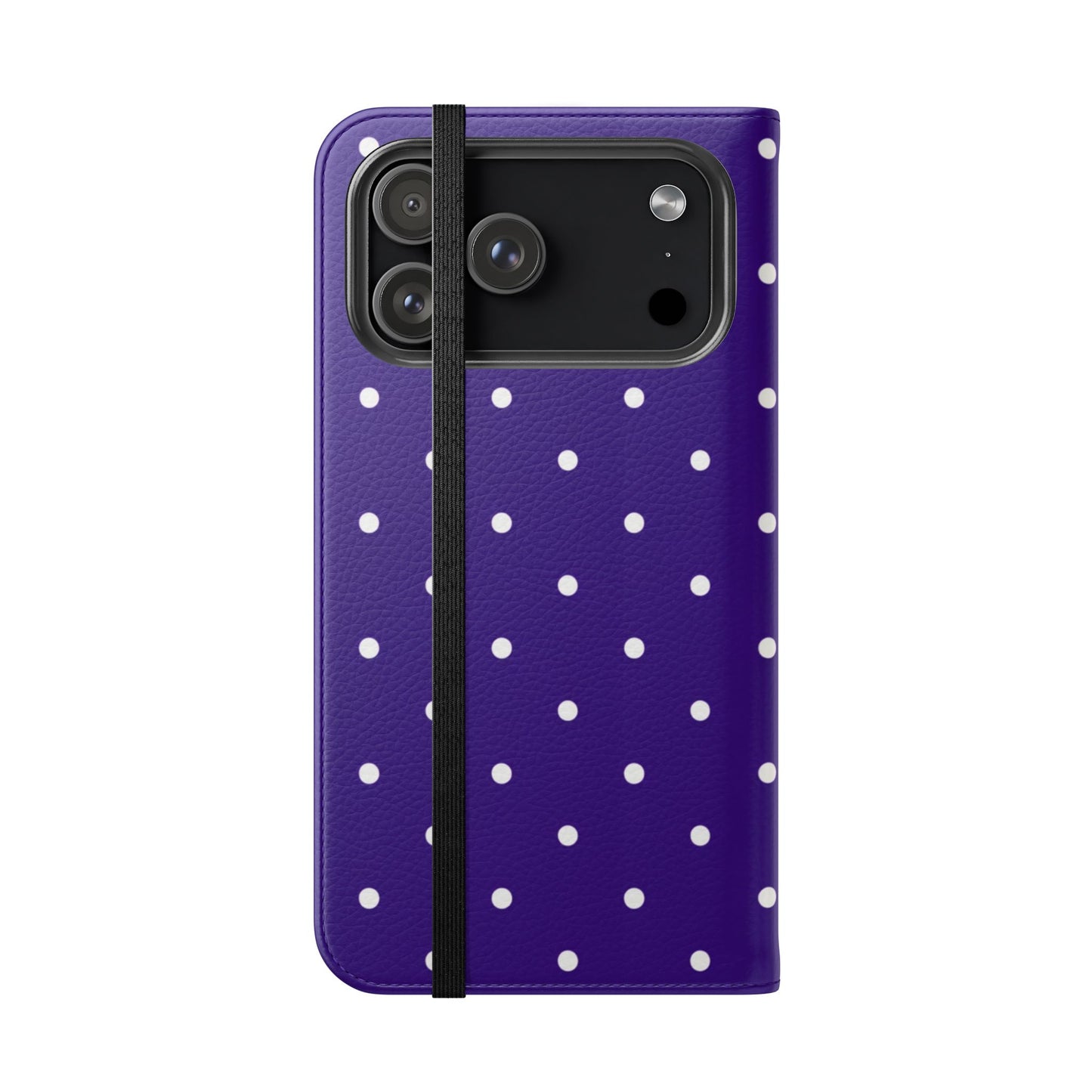 Rich purple faux leather flip case with white polka dots and dual-layer protection for iPhone and Samsung
