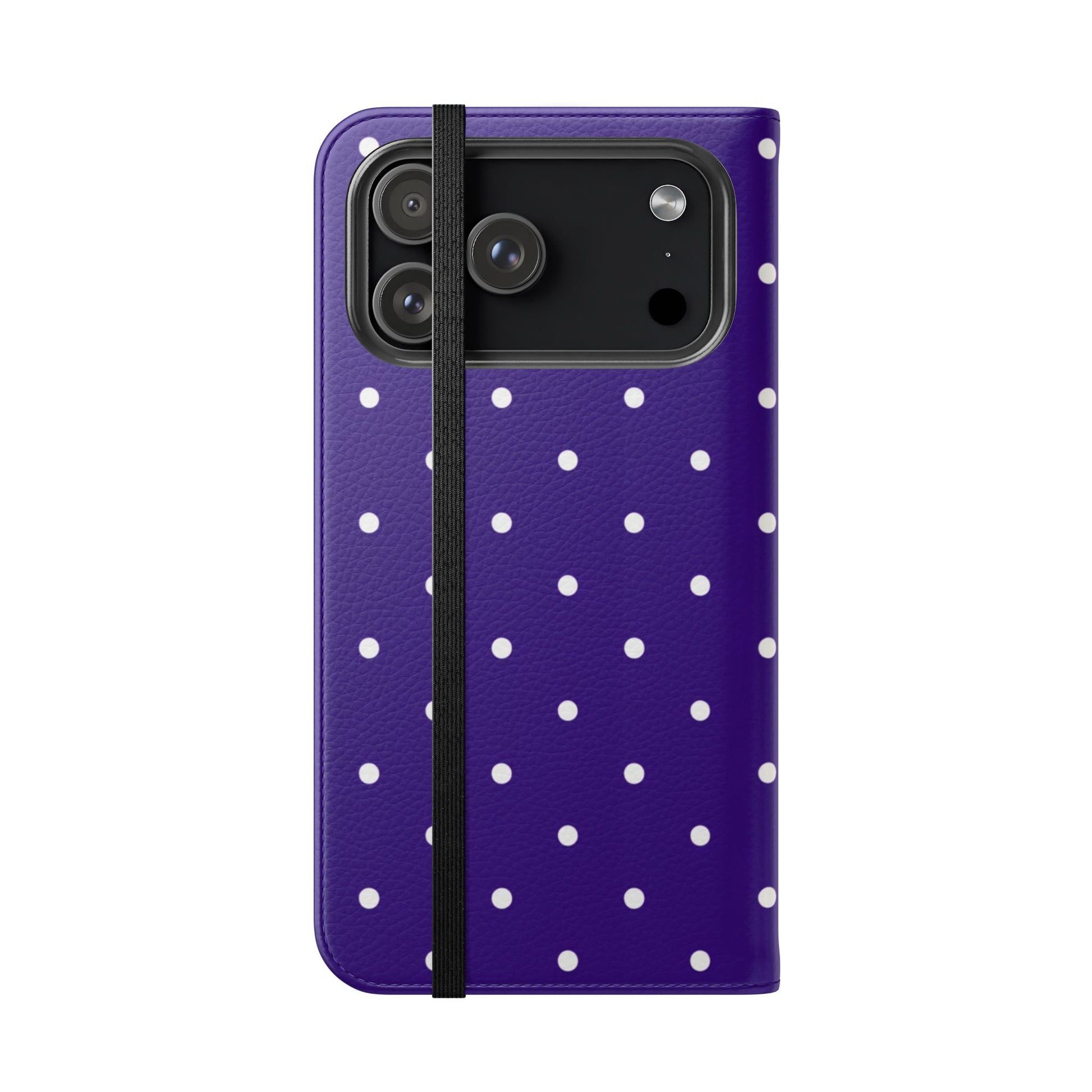 Rich purple faux leather flip case with white polka dots and dual-layer protection for iPhone and Samsung
