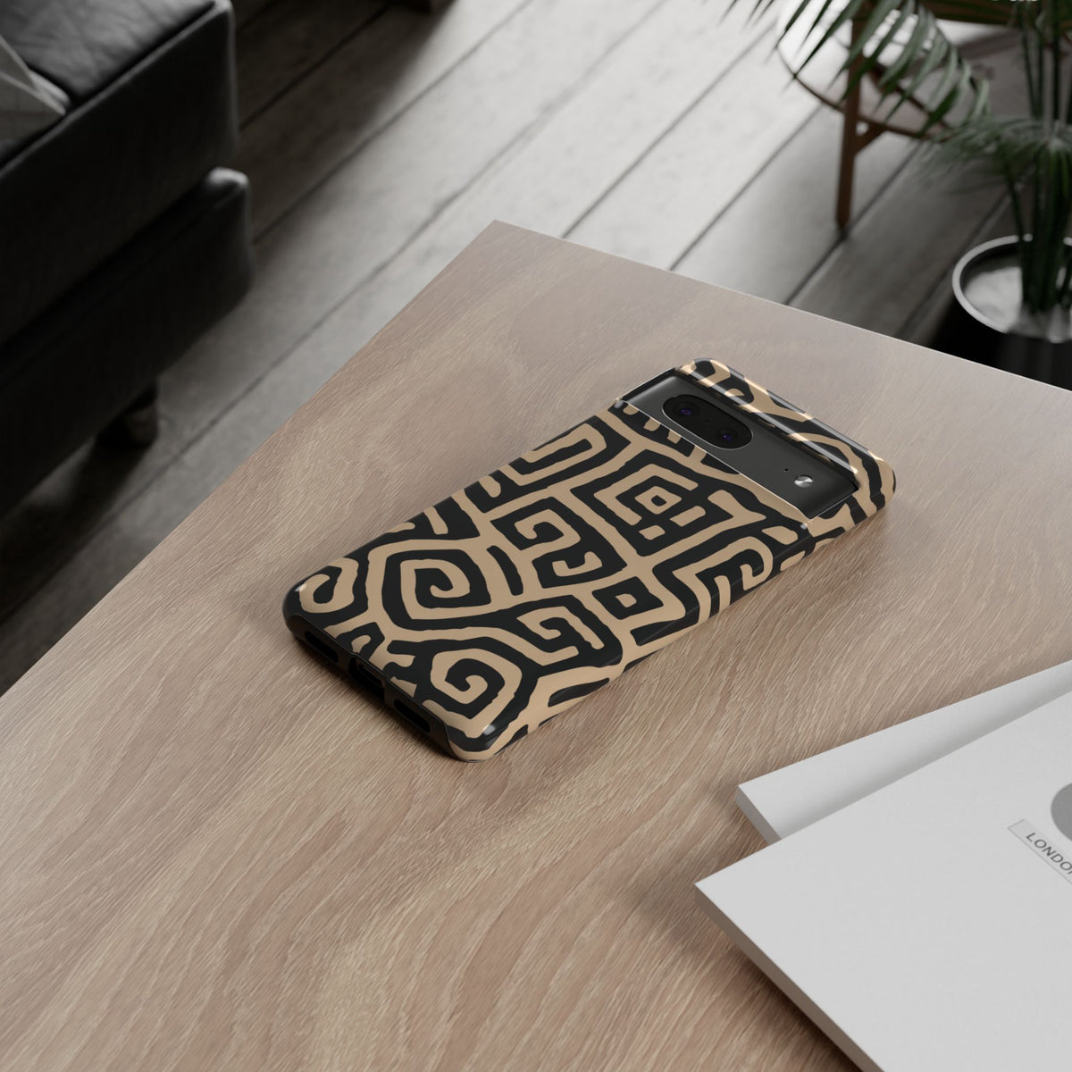 African Tribal Labyrinth Phone Case — Beige & Black Geometric Pattern Protective Cover for iPhone, Samsung Galaxy & Google Pixel