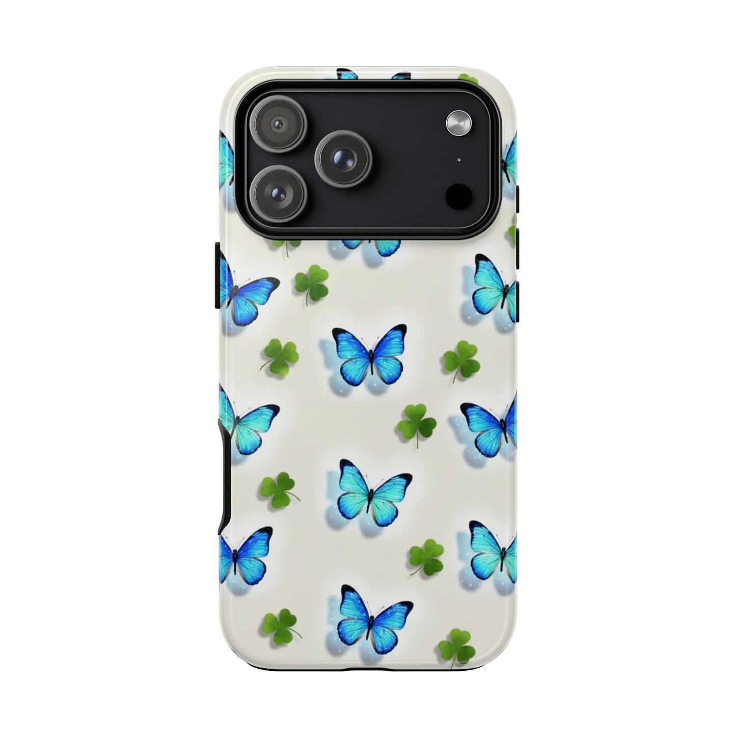 Funda protectora resistente con diseño de mariposas y trébol de la suerte para iPhone, Samsung Galaxy y Google Pixel: diseño de mariposas azules