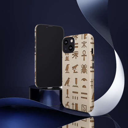 Egyptian Hieroglyphics Tough Phone Case - Wood Grain Ancient Symbols Protective Cover for iPhone, Samsung Galaxy & Google Pixel