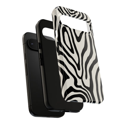 Monochrome animal print phone case - flowing zebra-inspired curves with dual-layer impact protection
