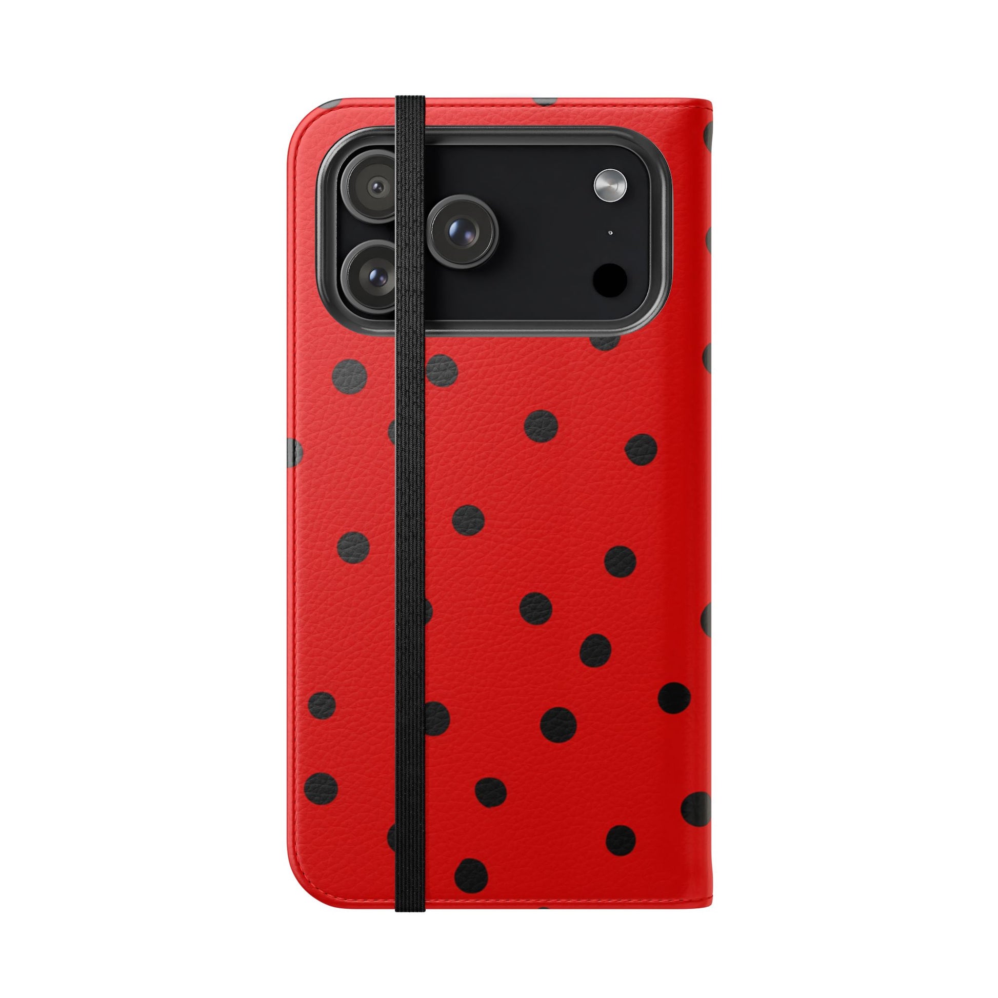 Bold red faux leather flip case with black polka dots and dual-layer protection for iPhone and Samsung
