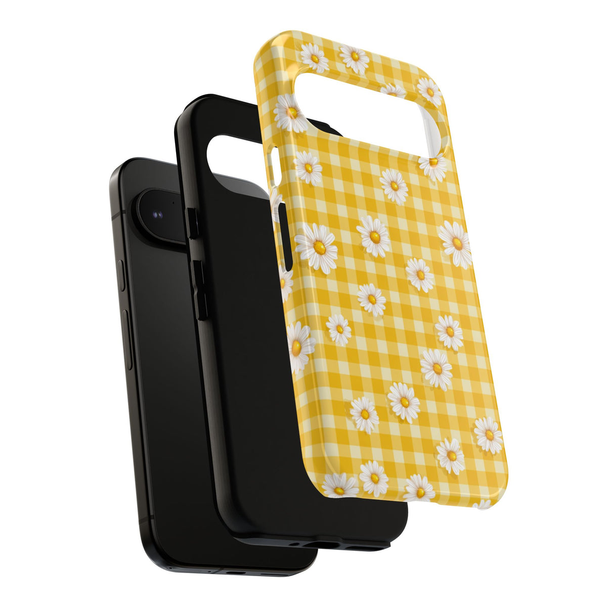 Coque de téléphone résistante à carreaux vichy Daisy - Coque de protection florale jaune style cottagecore pour iPhone, Samsung Galaxy et Google Pixel
