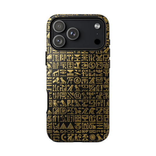 Egyptian Hieroglyphic Tough Phone Case - Black & Gold Ancient Symbols Pattern Cover for iPhone, Samsung Galaxy & Google Pixel