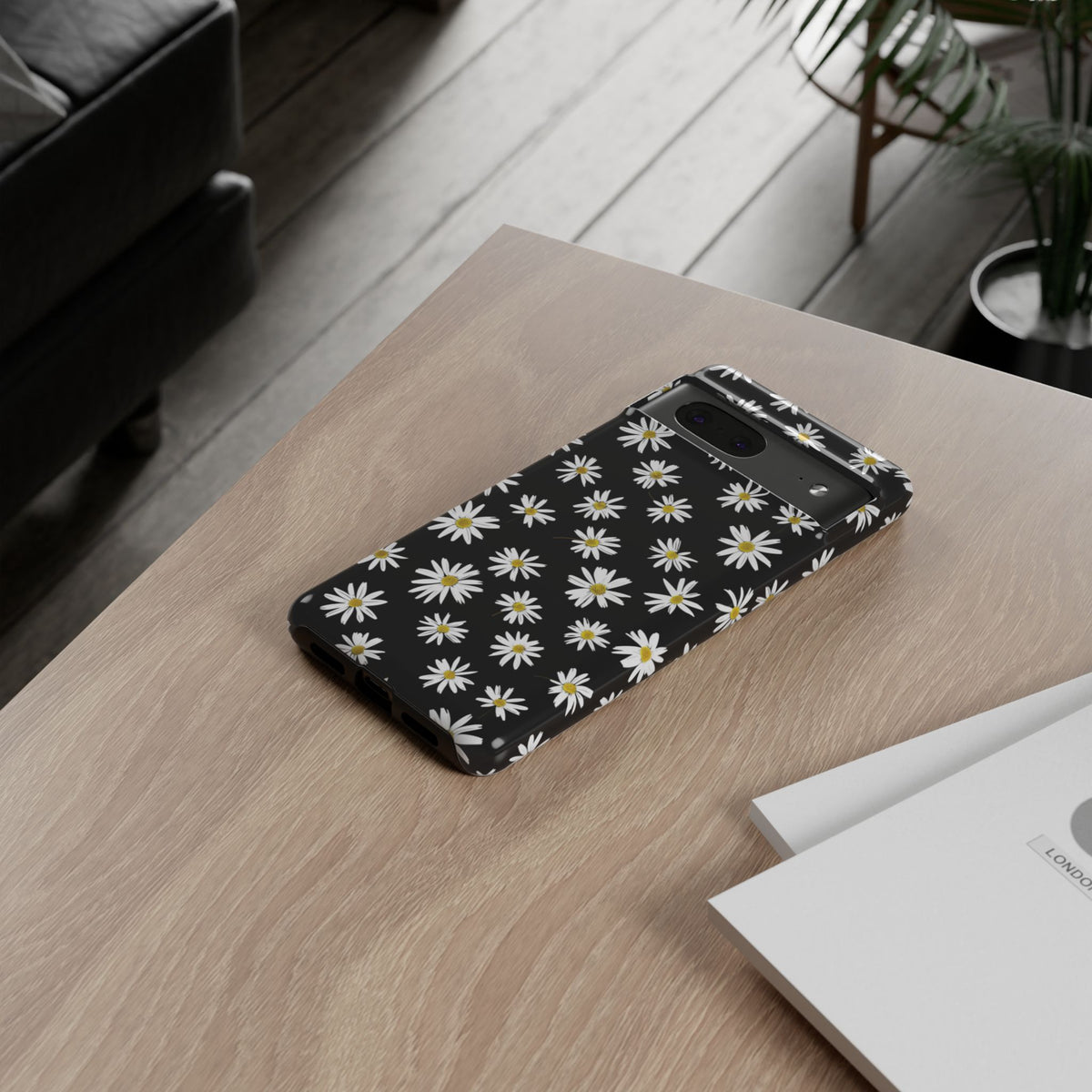 Coque de téléphone résistante à motif marguerites - Coque de protection florale noire pour iPhone, Samsung Galaxy et Google Pixel