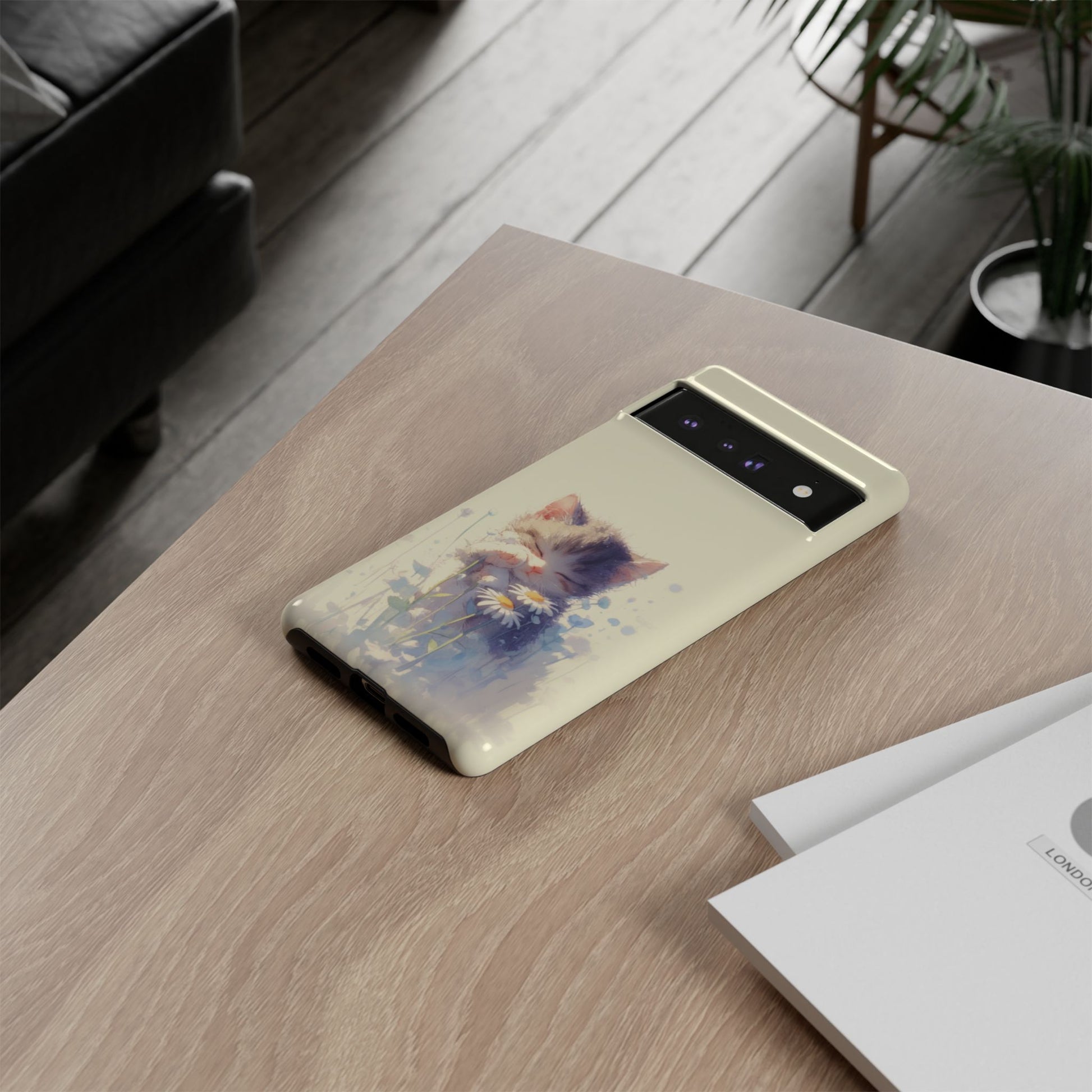 Gentle watercolor kitten phone case featuring spring flowers - premium quality protective cover for pet lovers
