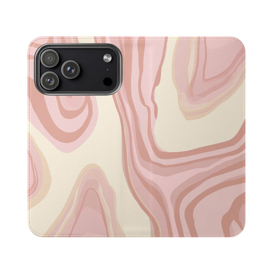 Pink marble swirl flip phone case with card slots and stand function for iPhone and Samsung Galaxy
