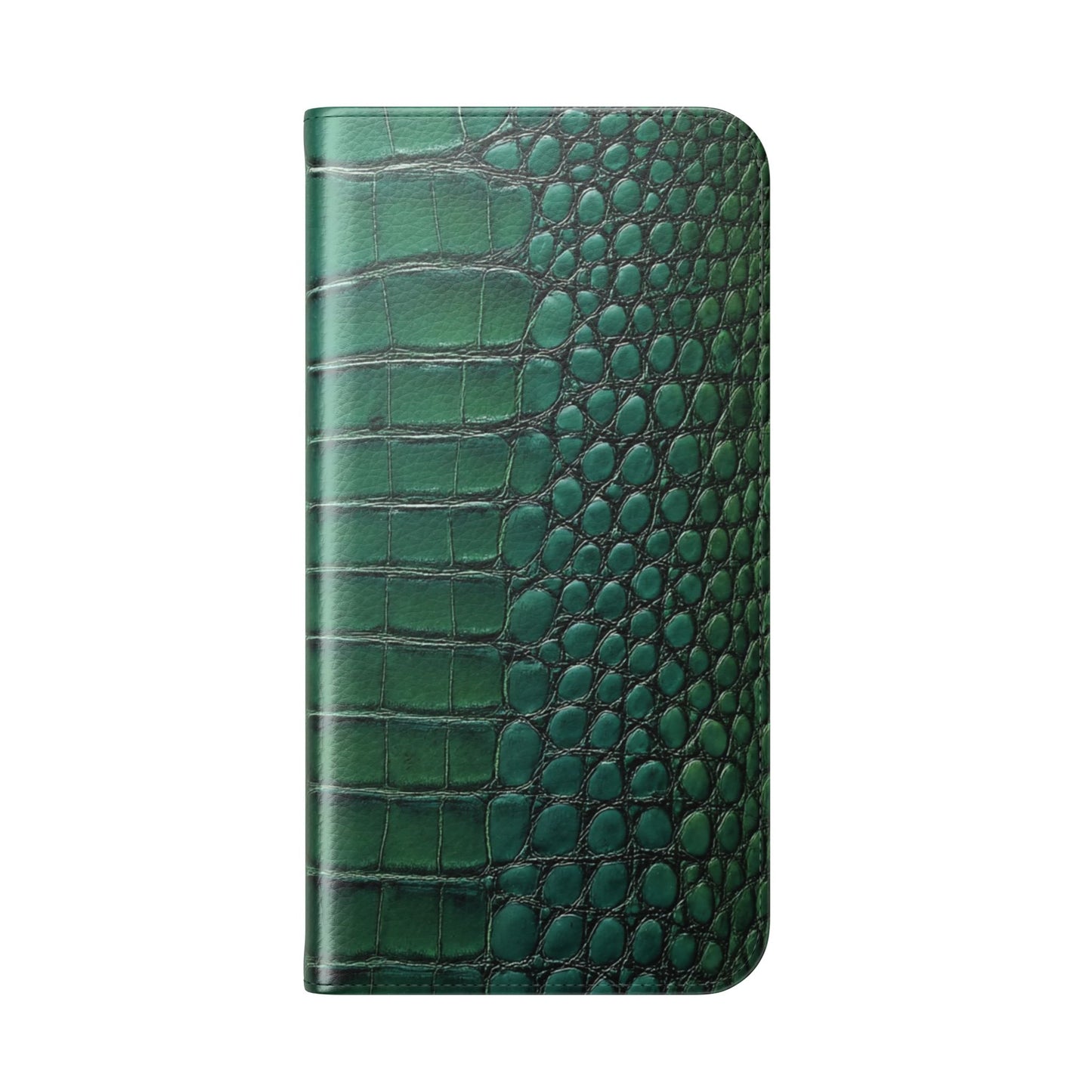 Green faux crocodile leather phone wallet case with D-ring attachment and hands-free stand for iPhone Samsung Galaxy